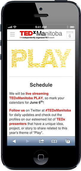 TEDxManitoba website on iPhone screenshot